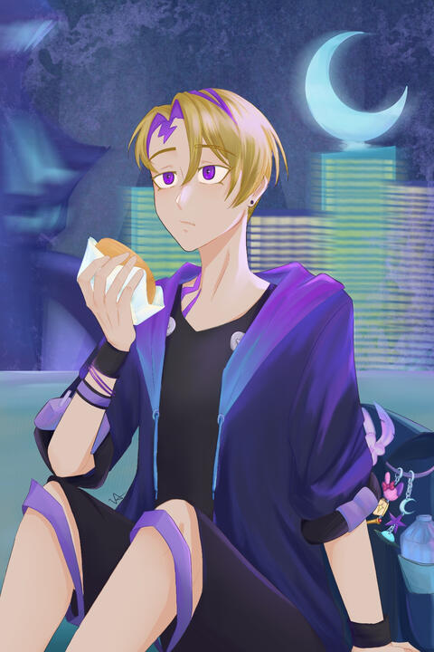 Fully colored, cityscape blurred background, character portrait.